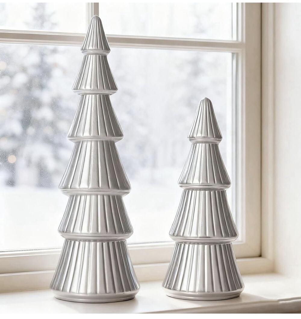 Wooden Christmas Tree Figurine, Tabletop Silver Tree Figurine, Set of 2 New